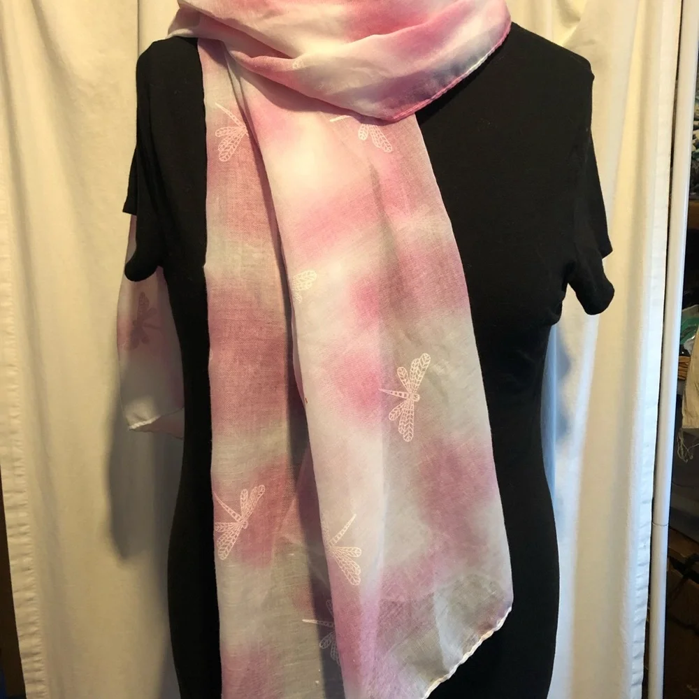 Pink Dragonfly Scarf 68”‎ Charlotte Daniel Soft Lightweight Spring Romantic